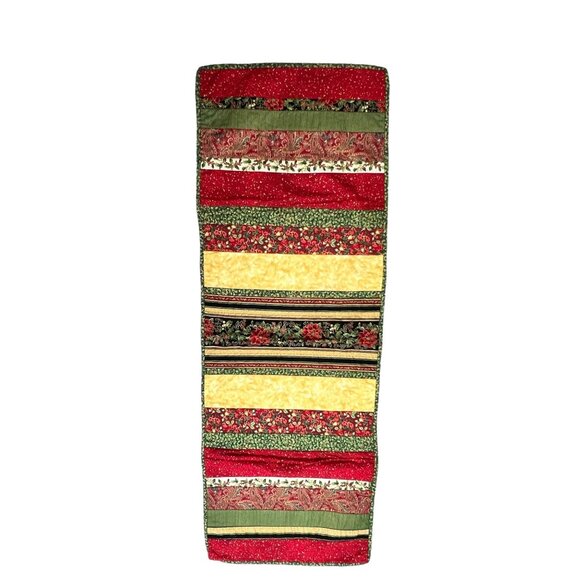 Christmas Handmade Pieced Quilted Table Runner 56" Poinsettias Holly Reversable - Picture 4 of 13